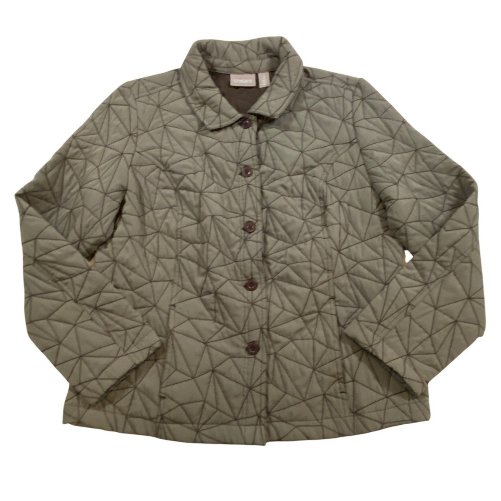 Chicos Quilted Geometric Print Button‎ Front Jacket Women Size 2 Olive Green